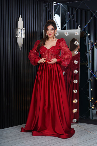 Matik Abiyem İncili Tül Payet Saten Tasarım Göğüs Dekolteli Uzun Elbise Abiye