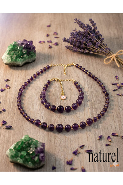 Naturel Tılsım مجموعة قلادة وسوار من الأحجار الطبيعية الأصلية من الجمشت