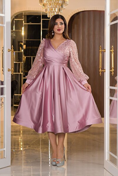 Matik Abiyem Saten İncili Tül Payet Tasarım V Dekolteli Diz Altı Elbise Abiye