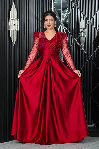 Matik Abiyem Saten İncili Payet Garnili V Dekolteli Uzun Elbise Abiye