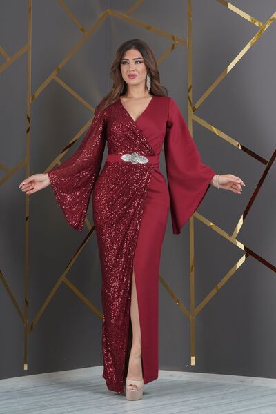 Matik Abiyem Scuba ZaraPayet Garnili Beli Ithal Yapışma Taşlı V Dekolteli Yır...