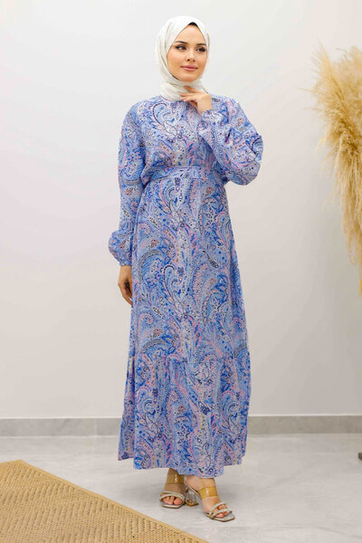 Tesettür Dünyası Shawl Pattern Belted Dress Tsd250257 Blue