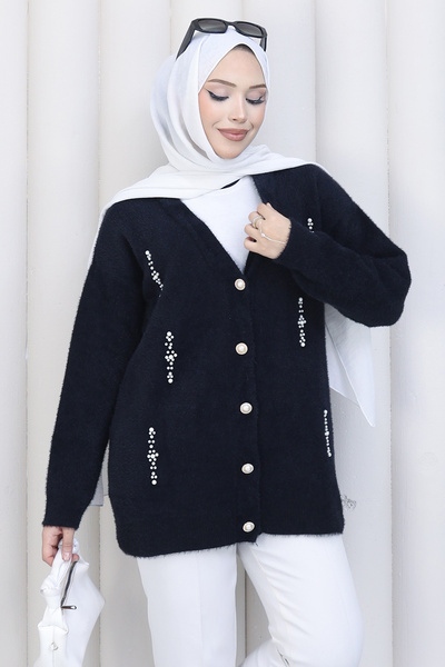 benguen İnci Detaylı Triko Hırka H25300 Siyah