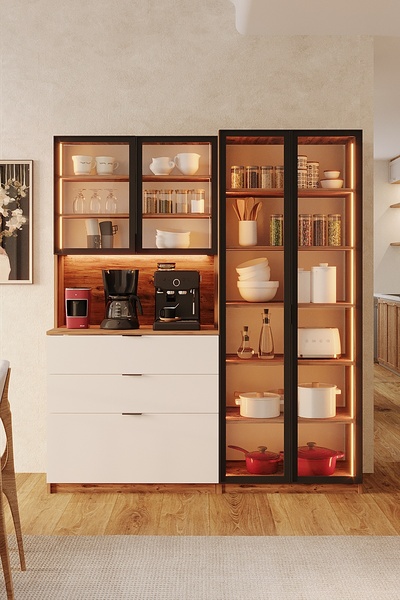 Avmpark Orea Temperli 2 Cam Kapaklı Ledli Kahve Köşesi Kiler Dolabı Mutfak Tezgahı Airfry Dolabı Çok Amaçlı