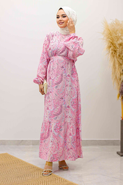 Tesettür Dünyası Shawl Pattern Belted Dress Tsd250257 Pink