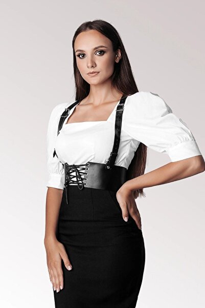 Angels Passion Siyah Kadın Kemer Harness Korse Stil Bağcıklı Omuz Askılı Geni...