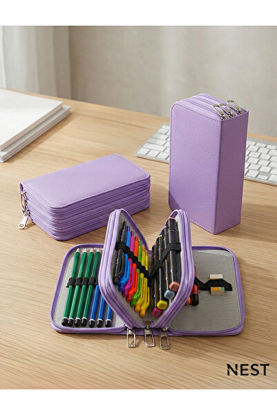 Nest Life Sunii Deri Lila Renk 3 Fermuarlı Kalem Kutusu, Okul ve Ofis Kalemlik