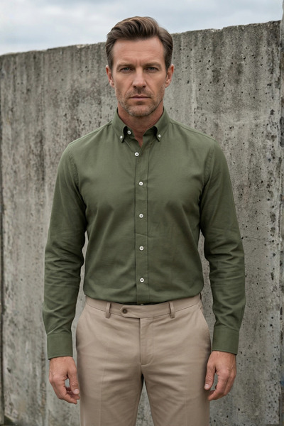 alenmeza Erkek Haki Oxford Düğmeli Yaka Pamuk Likra Slim Fit Casual Cepsiz Gö...
