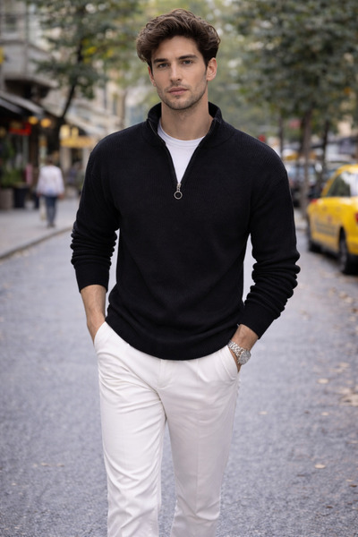 WE AND ME Pulover pentru bărbați slim fit Slim croială cu jumătate de fermoar guler ridicat