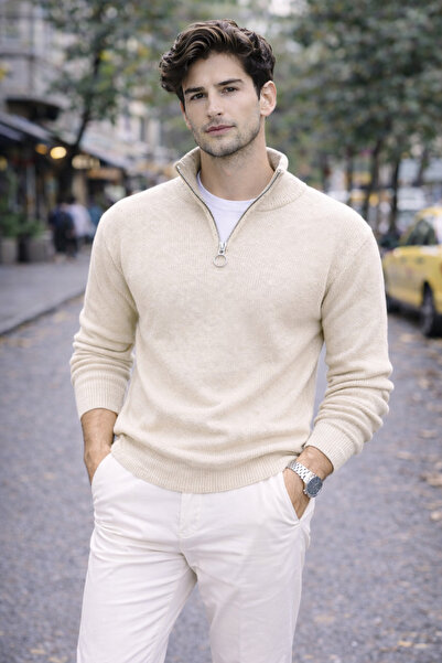 WE AND ME Erkek Slim Fit Dar Kesim Yarım Fermuarlı Dik Yaka Triko Kazak