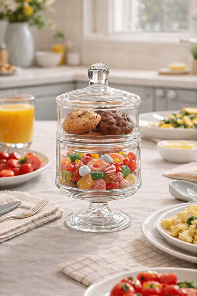 Jenisa 2 Katlı El Yapımı Ayaklı Kapaklı Şeffaf Cam Kurabiyelik Kase – Drajelik, Kek ve Tatlı Sunumluk