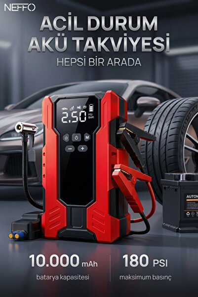 NEFFO Taşınabilir Dijital Hava Kompresörü 180 PSI – 10.000 mAh Jump Starter, Akıllı Kelepçeli
