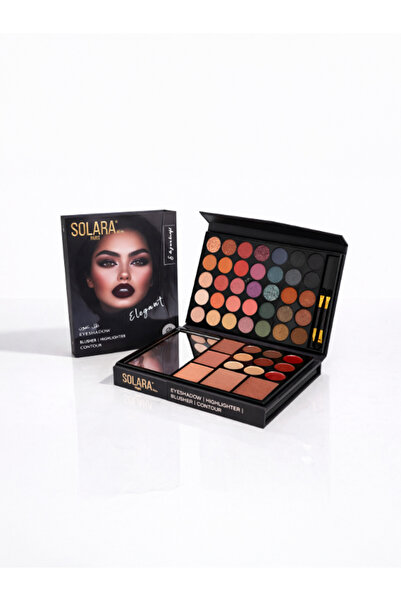 Solara Matte Solar 36-color eyeshadow palette with concealer, highlighter, and lipstick