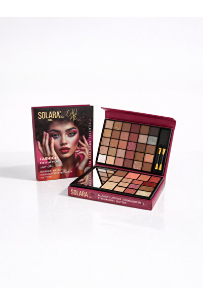 Solara Matte Solar 36-color eyeshadow palette with concealer, highlighter, and lipstick