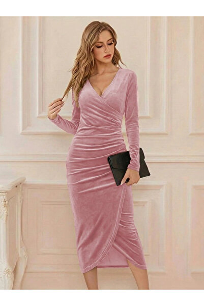 Butik Kadın Uzun Kollu Kruvaze Yaka Belden Büzgü Detay Midi Kadife Elbise