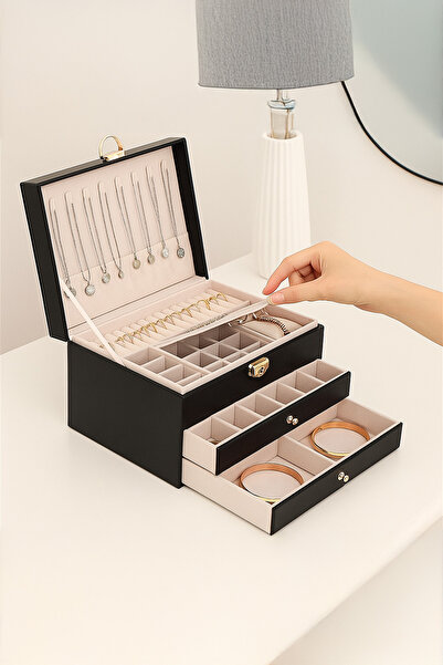 Ecrou Organizator modern cu 2 sertare pentru bijuterii, cutie de bijuterii, negru 13 X 23 X 10 cm