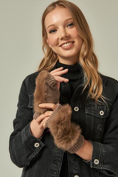 Y-London 11032 Kürklü Vizon Yünlü Kesik Eldiven YL