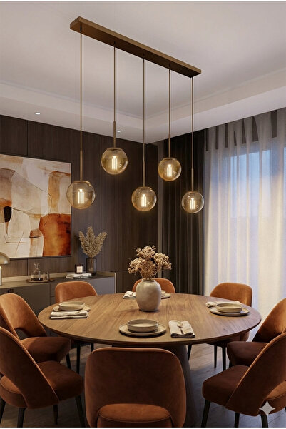 avizade Dora Modern Sıralı Avize - Eskitme Metal, Bal Cam, 5'li Sarkıt, E27 Duy, Yemek Masası Aydınlatması