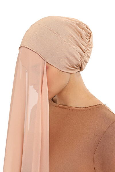 Altobeh Hazır Pratik Lüks Geçmeli Lastikli Boneli Şifon Şal Koyu Bej
