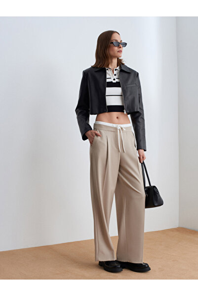 Dilvin 72240 Double-Waisted Wide Leg Pants-Stone