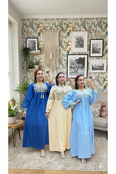 Generies مجموعة من 4 جلابيات كتان مطرزة بتصميم انيق وعصري مقاس من60 الي 100 كيلو