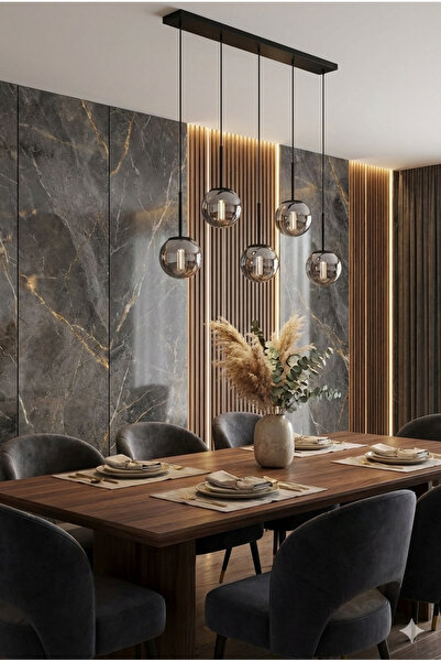avizade Dora 5'li Sıralı Avize | Pütürlü Siyah Kasa & Füme Cam | Modern Yemek Masası Sarkıtı