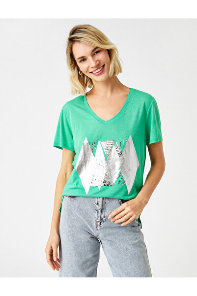 Koton Printed Sequin T-Shirt V Neck