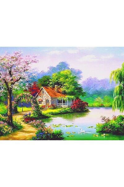 wombhobby Gölet Evi 2 Sayılarla Boyama Seti 40x50 Cm Çerçeveli (Kasnağa ) Gerili