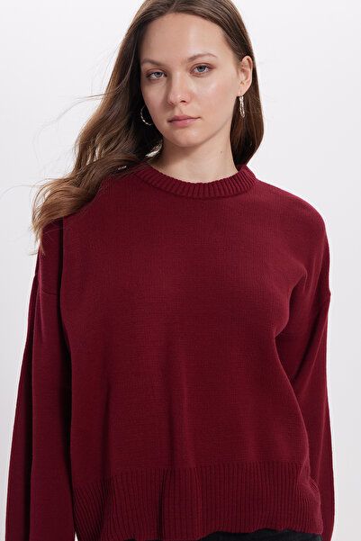 Tudors Pulover pentru femei supradimensionat Wide croială guler rotund Roșu Claret