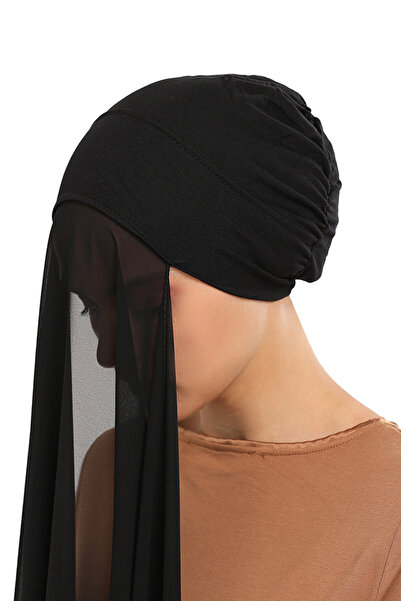 Altobeh Hazır Pratik Lüks Geçmeli Lastikli Boneli Şifon Şal Siyah