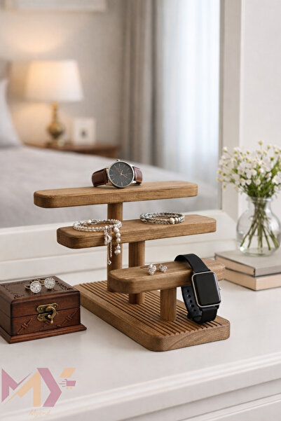 Myend El Yapımı Ahşap Takı Standı & Saat, Bileklik, Kolye, Yüzük Takı Organizeri