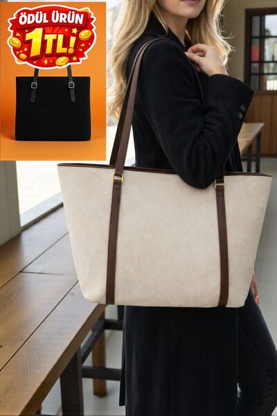 DEMESİ Kadın Krem Büyük Süet Omuz Çantası – Fermuarlı-Urban Stil, Günlük & Ofis Kullanımına Uygun