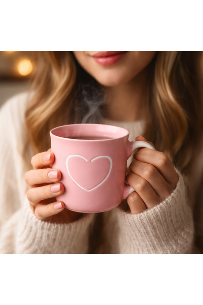 Excellent Houseware كوب بورسلين منزلي بنقش قلب - وردي / أبيض - 320 مل