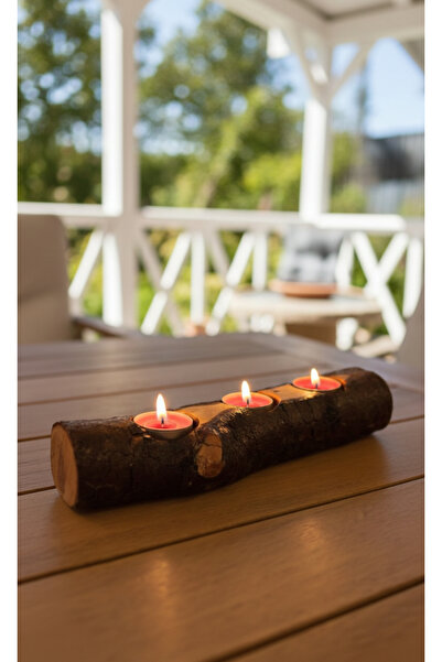 TOLGA’S WORKSHOP Doğal Çam Ağacı Kütük 3’lü Mumluk – El Yapımı Ahşap Tealight Mumluk (3 Mum Dahil)