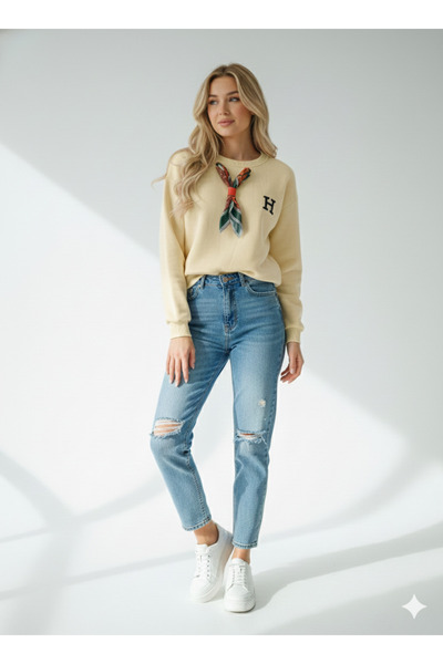 ribana Hanorac de damă cu guler tip eșarfă, cu interior din bumbac, textură m...