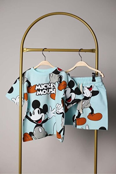 Booni Jooni Set pantaloni scurți Mickey albastru deschis cu imprimeu
