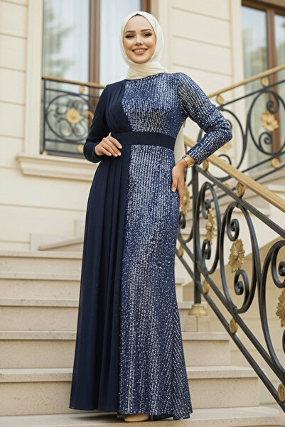 Neva Style Pul Payetli Lacivert Tesettür Abiye Elbise 25851L