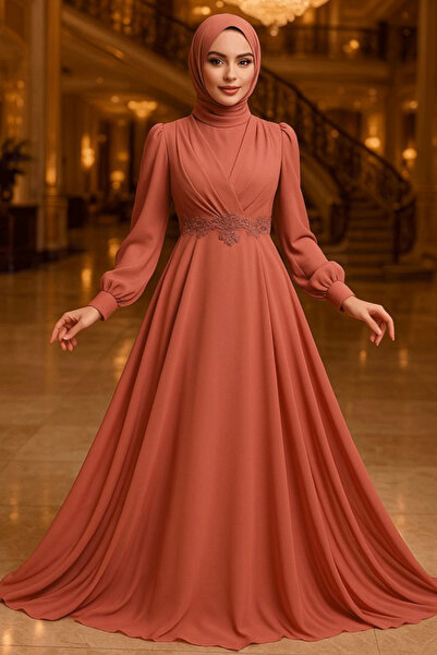 Neva Style Dantel Detaylı Koyu Somon Tesettür Abiye Elbise 3435KSMN