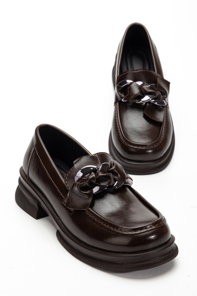 guijarro Women's Brown Patent Leather Chain Buckle Thick Sole Loafer Moccasin Casual Shoes