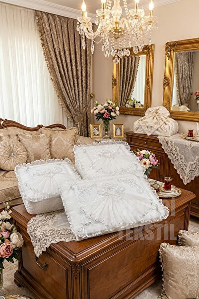 Çt Çeyizci Tekstil Fransız Güpürlü Kadife Bohça, Kadife Söz Nişan Hurcu Çeyizlik 3'lü Set Çeyizlik Hurç Seti Süngersiz