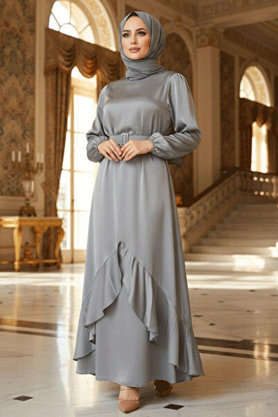 Neva Style Volant Отворена сива скромна вечерна рокля 4566AGR