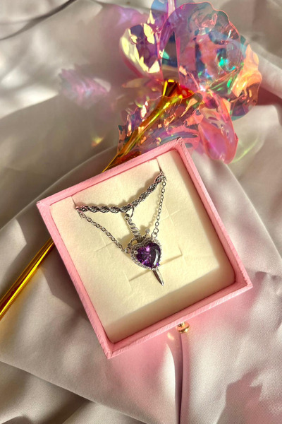 Hiza Zirkon Taşlı Çelik Zincirli Mor Kalp Kılıç Çift Kolyesi