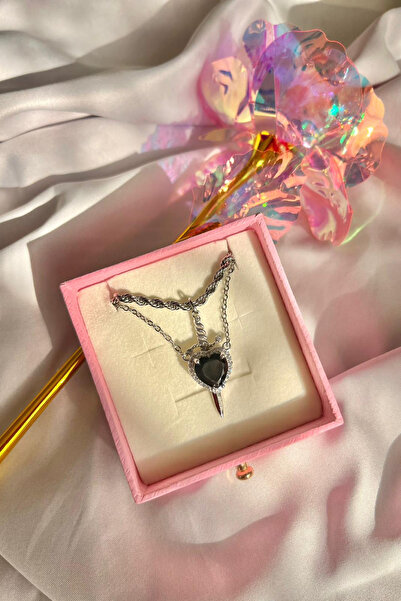 Hiza Zirkon Taşlı Çelik Zincirli Siyah Kalp Kılıç Çift Kolyesi