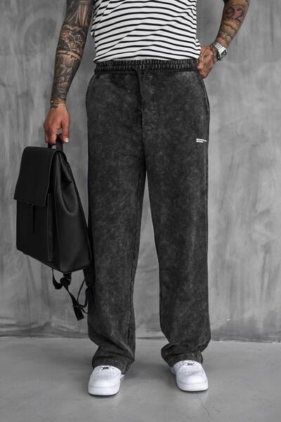 ablukaonline Erkek Baskılı Yıkamalı Baggy Fit Eşofman Siyah