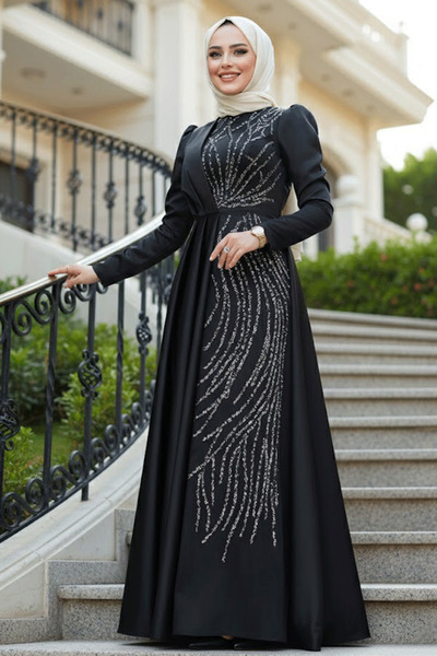 Neva Style فستان سهرة أسود من الساتان مع ذيل 4303S