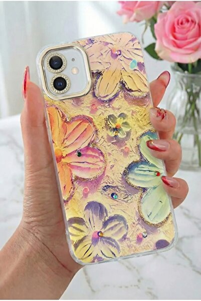 Fibaks İphone 11 Kılıf Renk Değiştiren Taşlı Kamera Lens Korumalı Pembe Çiçek Desenli Darbe Emici Kapak
