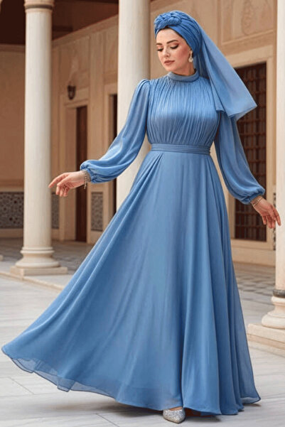 N.S NEVA STYLE Βραδινό φόρεμα με μπλε χιτζάμπ με ντραπέ 51072M