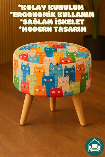 DEKOR MOBİLYACIM Yuvarlak Balkon Mutfak Salon Ayak Uzatma Pufu Gürgen Ayaklı Özel Tasarım Kedili Puf Koltuk