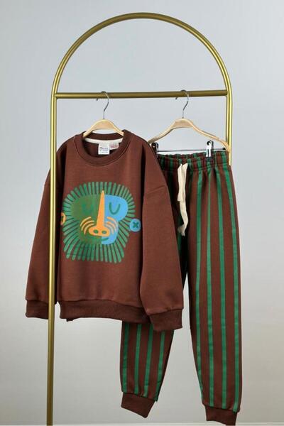 Booni Jooni Set de trening pentru băieți din bumbac Monkey cu imprimeu cu dun...