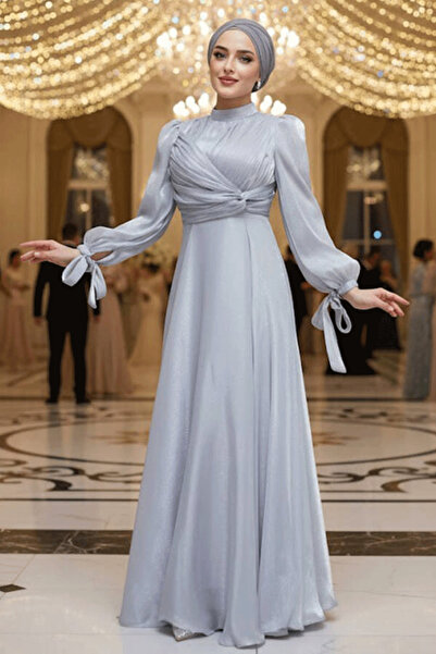 Neva Style Grey Hijab Evening Dress with Draped Detail 4823Gr